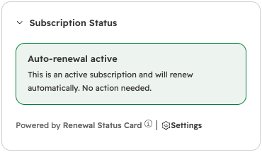 Subscription Status card: Auto-renewal active. The subscription will renew automatically; no action is needed.